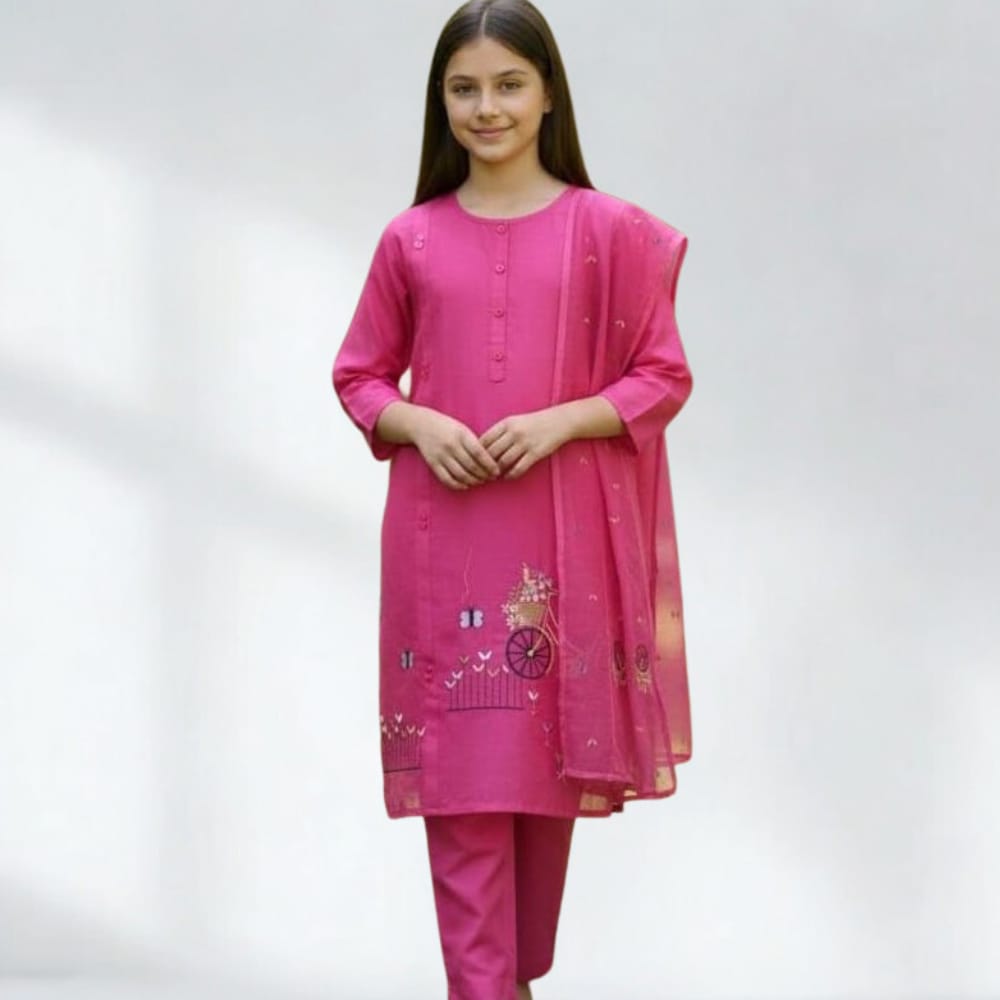 Girls Elegant Pink Kurta Trouser Set with Printed Dupatta