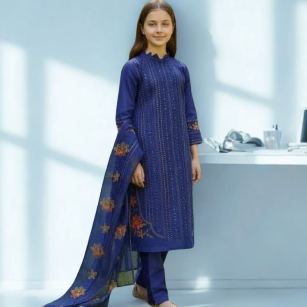Elegant Royal Blue Girls Embroidered 3-Piece Suit