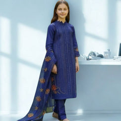 Elegant Royal Blue Girls Embroidered 3-Piece Suit